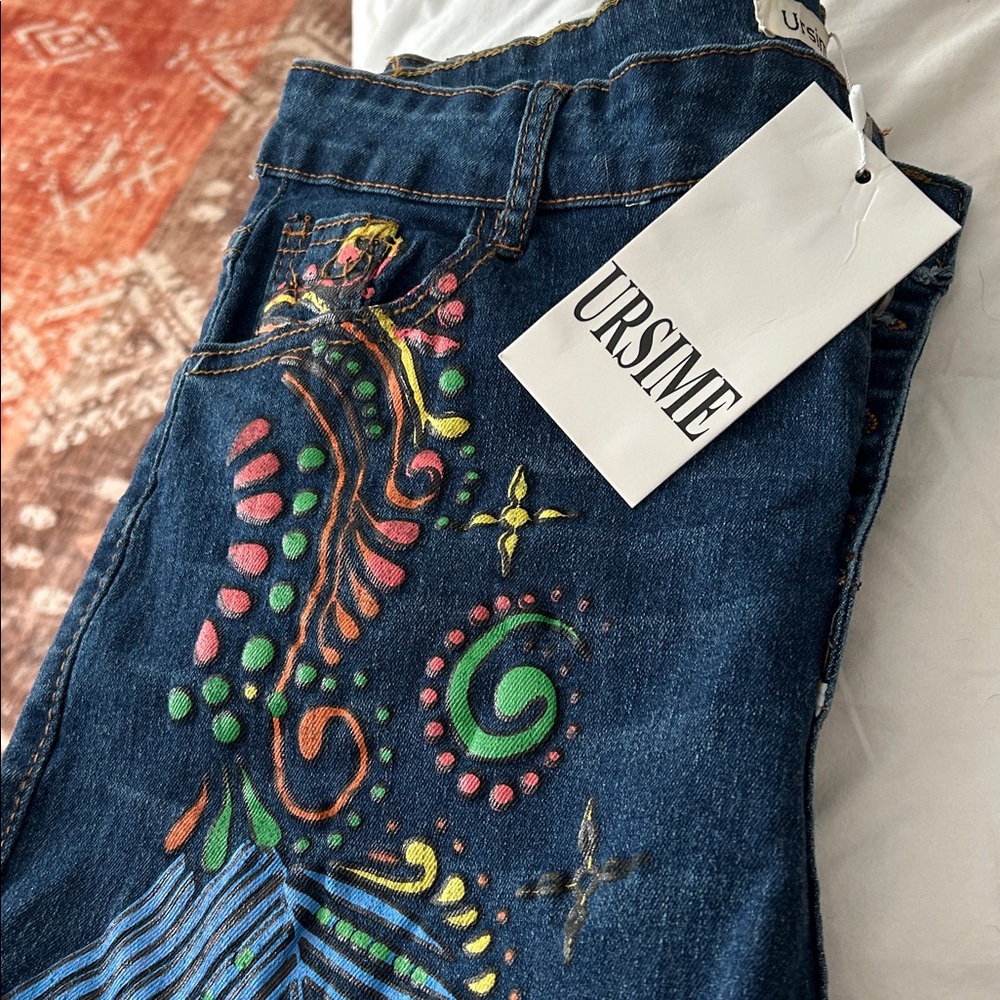 NWT URSIME Denim Blue Jeans w/Colorful Embroidery and Ankle Fraying Pockets - Picture 4 of 5
